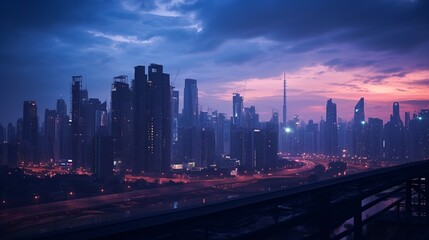 Fototapeta na wymiar As twilight descends, a surreal cityscape unfolds, where skyscrapers morph into dreamlike pillars against the dusky palette. 