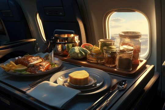A tray of food placed on top of an airplane. This image can be used to depict in-flight meals, airline catering, or travel and food experiences.