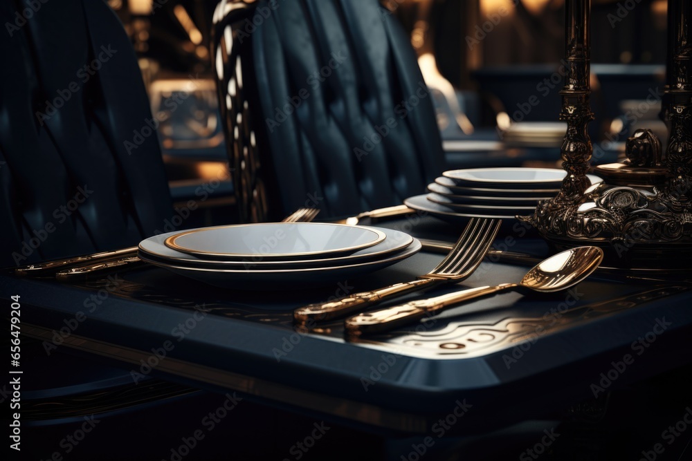 Poster A table set for a fancy dinner with elegant silverware. Perfect for showcasing fine dining or special occasions.