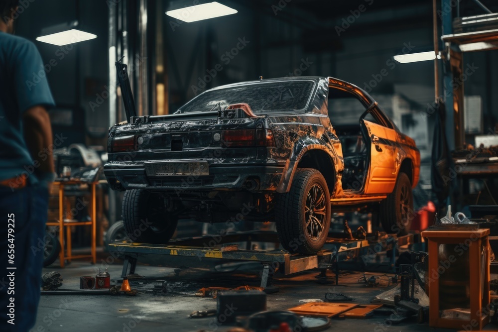 Poster a man standing next to a car in a garage. this picture can be used to showcase a car enthusiast, car