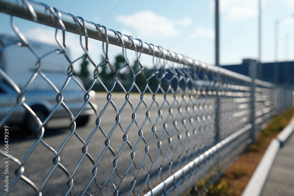 Poster a picture of a chain link fence next to a parking lot. this image can be used to depict urban landsc