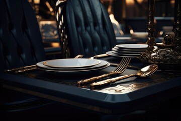 A table set for a fancy dinner with elegant silverware. Perfect for showcasing fine dining or special occasions.