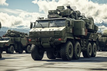 A military vehicle is parked in a parking lot. This image can be used to depict military operations, security, or transportation.