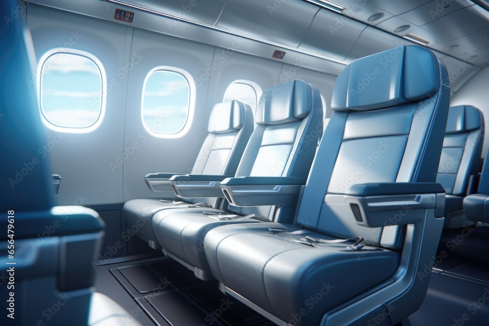 Poster A row of empty seats on an airplane. This image can be used to depict travel, transportation, or the concept of empty spaces.