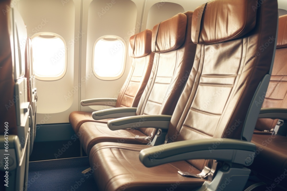 Poster a row of brown leather seats in an airplane. perfect for travel-related projects and interior design