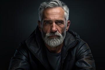 Obraz premium A picture of a man with a beard wearing a leather jacket. This versatile image can be used to portray a rugged look or to represent a fashionable style.