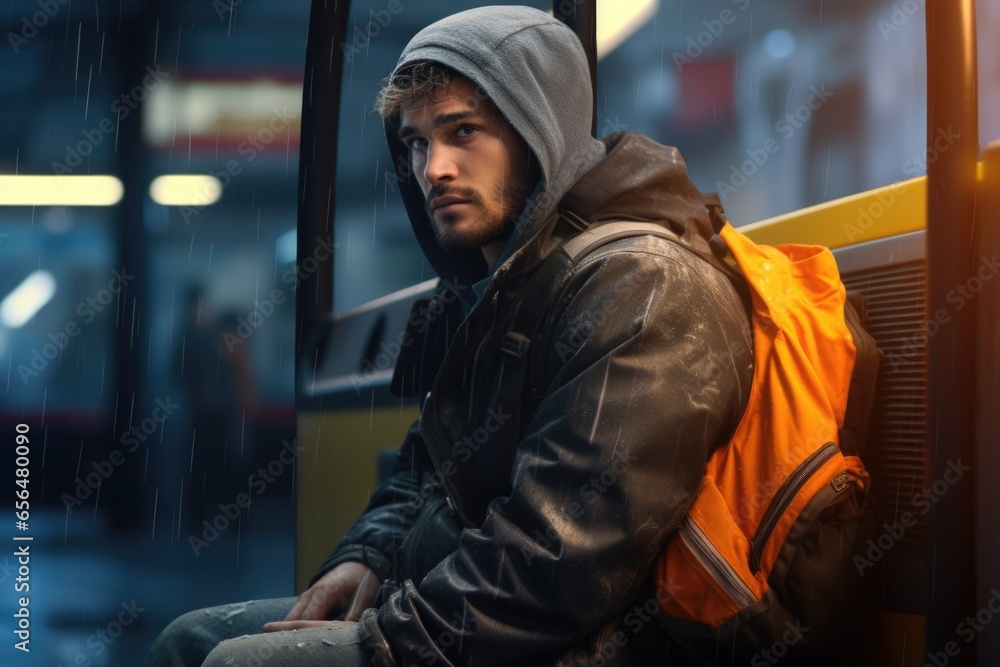 Poster a man sitting on a bus in the rain. this image can be used to depict urban commuting or the feeling 