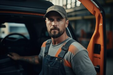 A man wearing overalls and a cap standing in a truck. This image can be used to represent transportation, labor, or work-related themes.