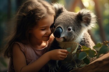 A young girl is holding a koala bear in her arms. This adorable image can be used to depict love for animals or the joy of wildlife encounters. - obrazy, fototapety, plakaty