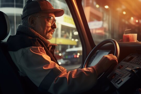 A man is pictured driving a car on a city street. This image can be used to depict urban transportation or commuting.