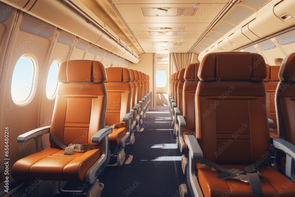 Poster a row of seats in an airplane with windows. this picture is perfect for travel or aviation-related p