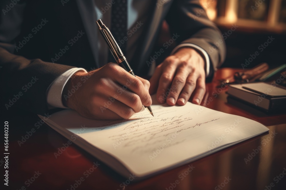 Poster a professional man in a suit writing on a piece of paper. this image can be used to depict concepts 