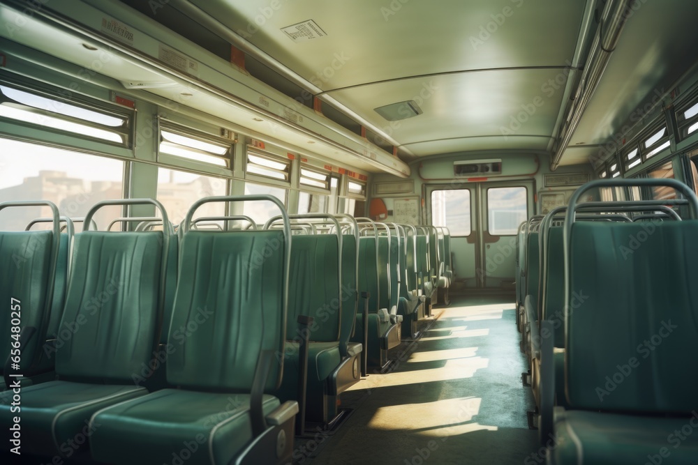 Poster a row of empty seats on a bus. suitable for transportation, travel, and public transportation concep