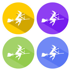 Illustration of flying young witch icon. Witch silhouette on a broomstick. Halloween relative image. Web icon in flat design with long shadows.