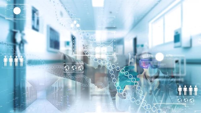 DNAとグローバルを背景とした先進医療・遠隔治療のイメージ　先進技術を使った新しい治療法と人類の希望