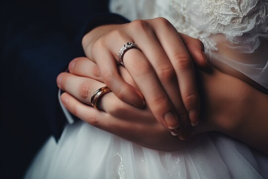 A close-up view of a person's hand holding a beautiful wedding ring. This image can be used to depict love, commitment, marriage, or engagement in various contexts.