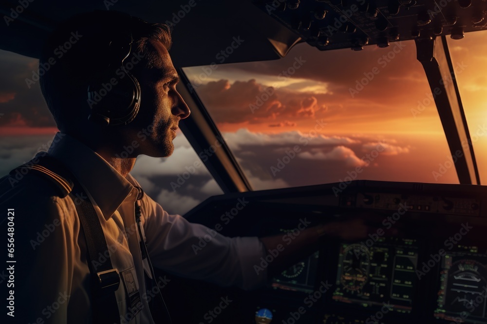 Poster a man is seen sitting in the cockpit of a plane during a beautiful sunset. this image can be used to