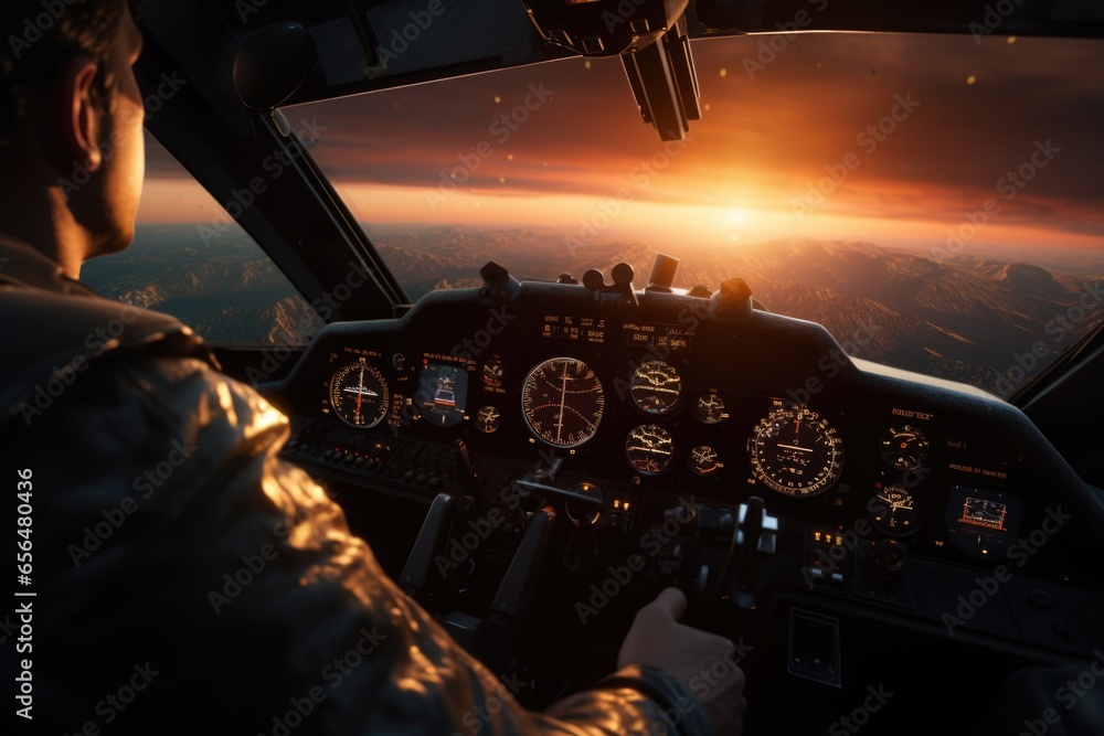 Poster A man is seen sitting in the cockpit of a plane. This image can be used to depict the experience of a pilot or the view from the cockpit.