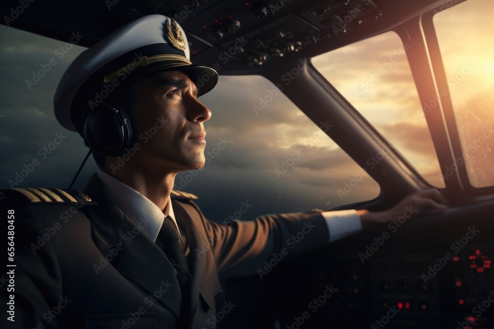 Poster a man in a pilot's uniform sitting in the cockpit of a plane. suitable for aviation-related projects