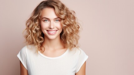 Portrait of beautiful young woman with blond hair and white t-shirt.