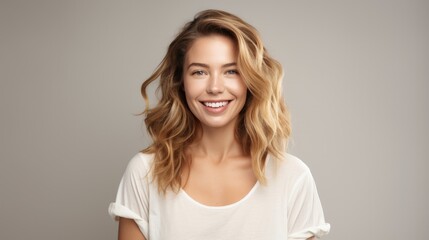 Obraz premium Portrait of beautiful young woman with blond hair and white t-shirt.