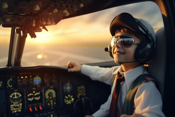 Fototapeta premium A young boy sitting in the pilot's seat of an airplane. This image can be used to depict dreams of becoming a pilot or to illustrate the joy of aviation.