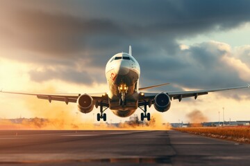 A large jetliner is captured in motion as it takes off from an airport runway. This image can be used to depict the excitement and thrill of air travel.