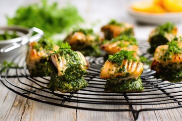 mini wire basket with grilled fish and chimichurri