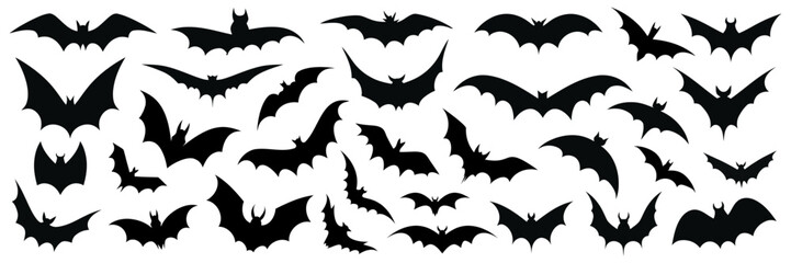 Black set silhouettes of bats isolated. Vector illustration