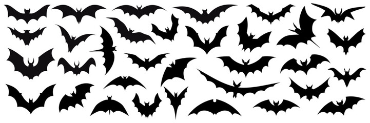 Black set silhouettes of bats isolated. Vector illustration