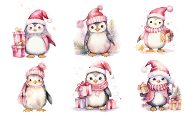 Set of cute watercolor Penguins wearing pink santa hats and scarfs  holding Christmas Presents in pink color theme vectors illustrations