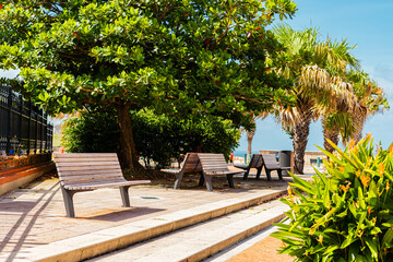 Beautiful little square with benches around greens of trees and bushes from puerto rico san juan el morro