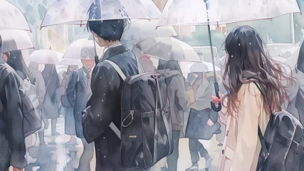 Fototapeten 雨の日に帰宅する高校生_1　Generative AI © mamemo
