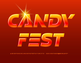 Vector advertising banner Candy Fest. Bright Sweet Font. Trendy Glossy Alphabet Letters and Numbers