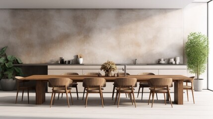 large kitchen room with modern interior design with wood table and chairs for home against the background classic wall style, Generative AI