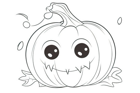 Coloring sheet of funny Halloween Jack o lantern pumpkin, with black strokes and white background. Image created with AI software