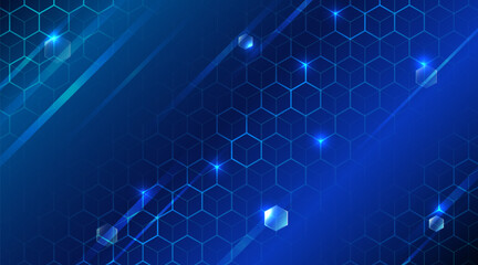 Abstract hexagons on the blue background. Hi-tech digital technology and engineering concept. Digital template with polygons for medical and science banners or presentations.