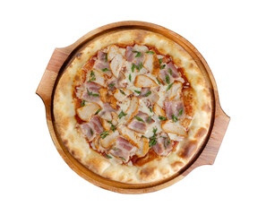 Top view of pizza with bacon and chicken on wooden board