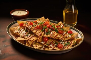 nachos drizzled with hot sauce on a ceramic dish
