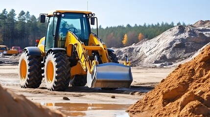 Wheel loader Excavator with backhoe unloading sand at earthmoving works in construction site quarry