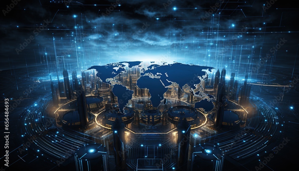 Poster map of the planet. world map. global social network. future. blue futuristic background with planet 