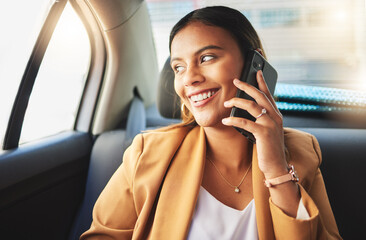 Woman, phone and call on commute in car for business meeting, work or travel. Passenger, person or manager in taxi for transport, drive and alone with technology for telecom, schedule or calendar