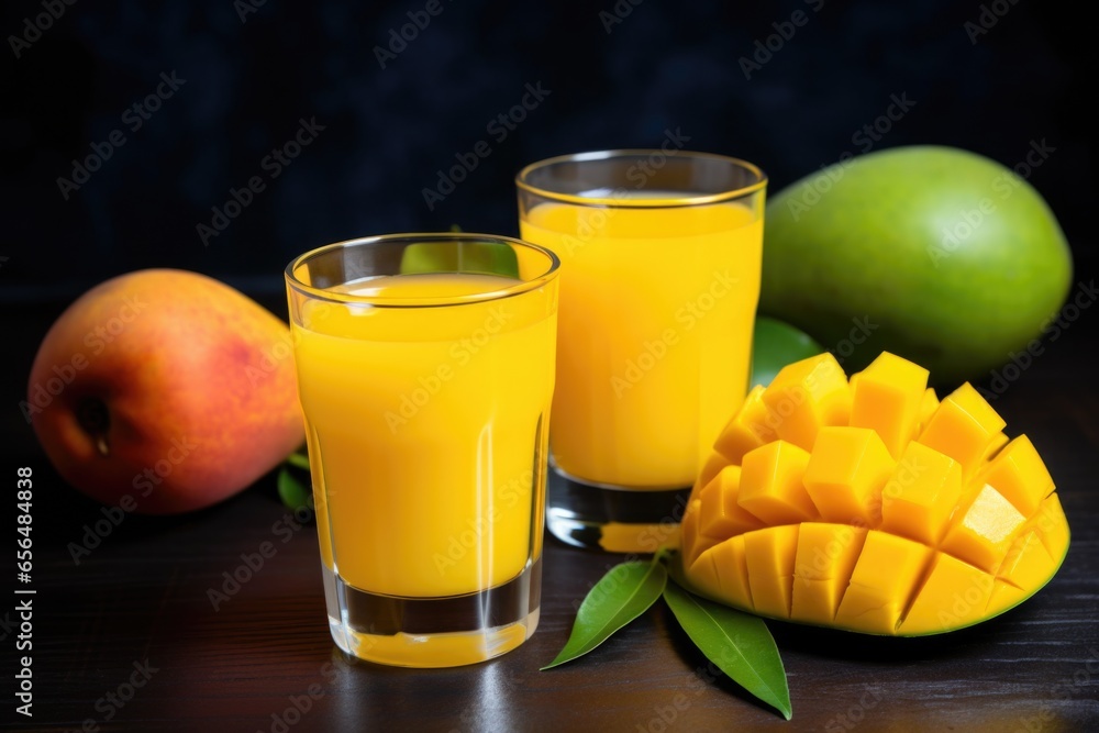 Sticker two half-cut mangoes beside a glass of juice