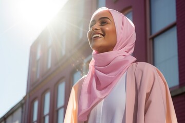 Young smiling muslim woman wearing pink hijab head scarf. Face of cheerful woman covered with headscarf smiling outdoor. Praying islamic woman smiling. Portrait of arab beauty. - obrazy, fototapety, plakaty