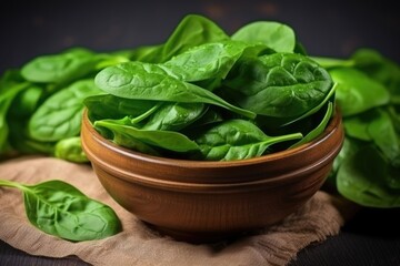 fresh green spinach leaves in a ceramic bowl