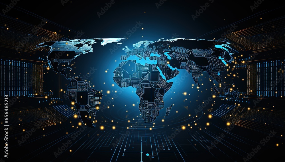 Poster map of the planet. world map. global social network. future. blue futuristic background with planet 