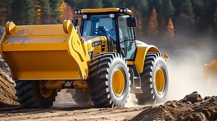 Wheel loader Excavator with backhoe unloading sand at earthmoving works in construction site quarry - obrazy, fototapety, plakaty