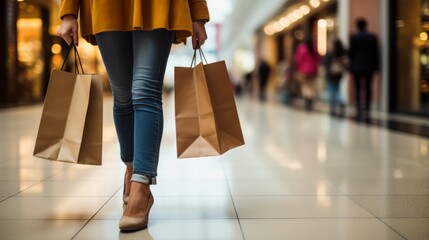 Close-up of a woman's lower body and legs, walking in a shopping mall with multiple shopping bags in hands - obrazy, fototapety, plakaty