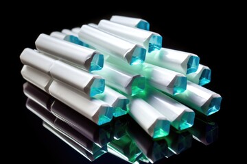 pyramidal stack of fluoride toothpaste tubes - obrazy, fototapety, plakaty