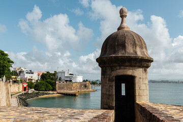 San juan el morro fortress vigilance tower perspective to "paseo de la princesa" in puerto rico